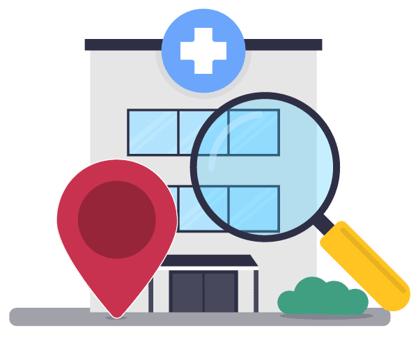 Health-Service-Pic2 Cartoon of a medical clinic with a search Glass and map marker