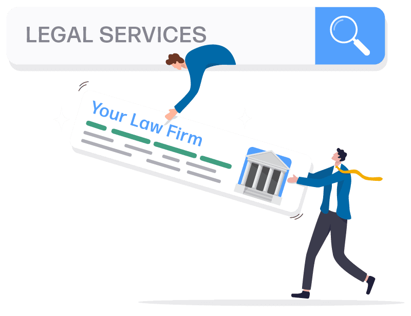 Legal-Services-Cartoon Cartoon of a search window saying legal services in it with 2 marketers lifting a listing saying your law firm