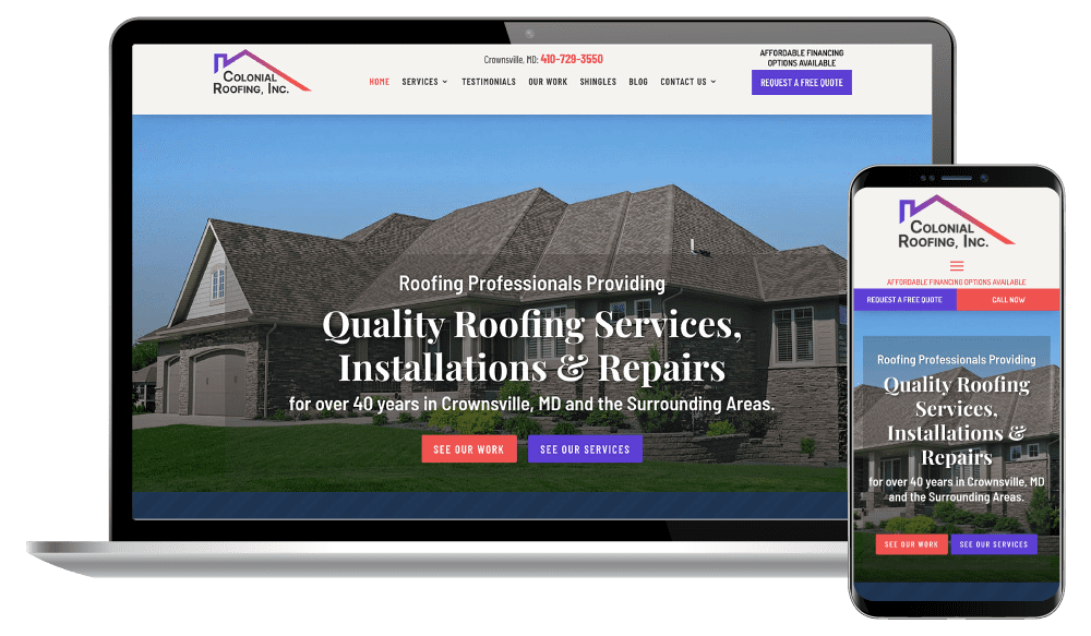 Colonial-Roofing-temp-lap-&-phone2 Laptop and a smart phone showing the responsive website design for a roofing company