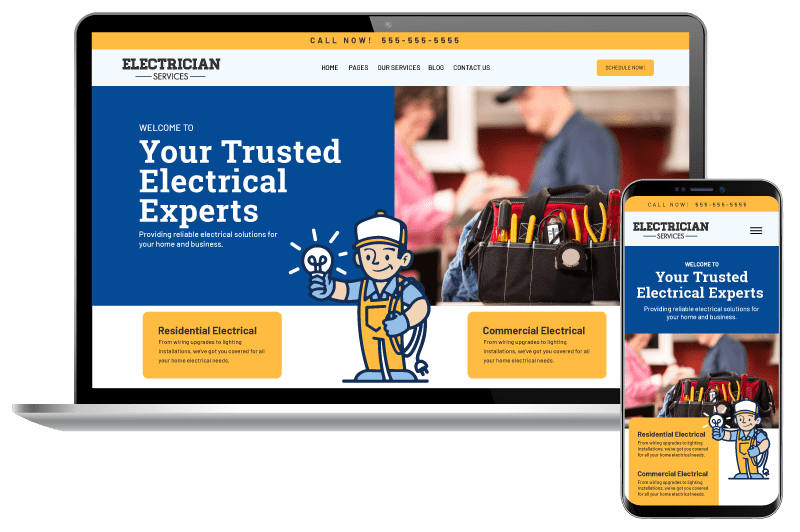 Electricians-Website-Responsive-Laptop-Phone-temp Electrician website shown on a laptop and phone showing its responsive design