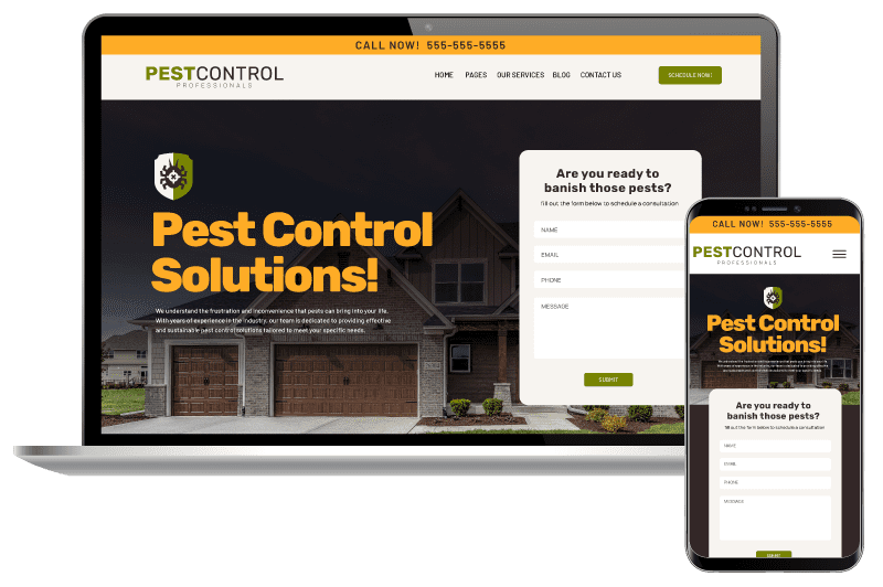 Pest-Control-Website-Responsive-Laptop-Phone-temp Pest Control website shown on a laptop and phone showing its responsive design