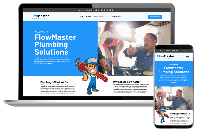 Plumbing-responsive-website Plumbing website shown on a laptop and phone showing its responsive design