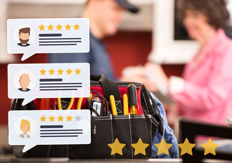 Review-Management-Electricians Customer reviews on a blurred background of an electrician speaking to the client after the job is finished