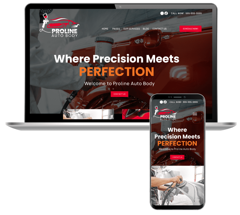 Auto Body Website displayed on a laptop and a mobile Phone