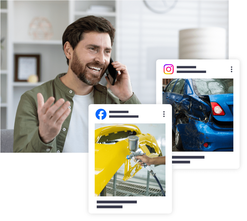 A Man calling an auto body shop after looking at their social posts