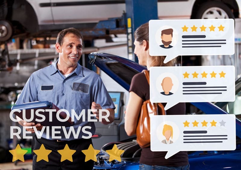 Customer-Reviews-Auto-Repair. Customers Reviews mockup on a image of a Mechanic and customer