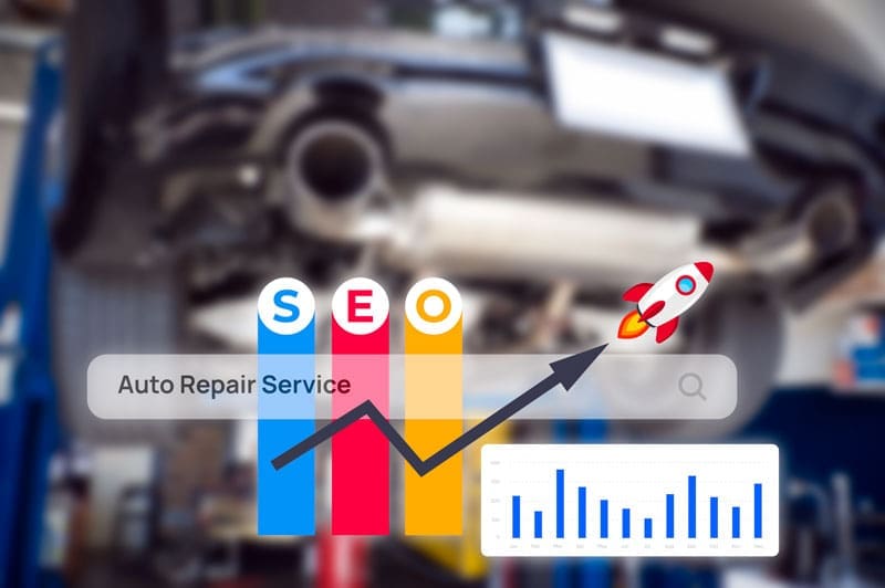 SEO-Auto-Repair-2 SEO Graphic with a graphs and a search window on a blurred image of a Auto Repair Shop