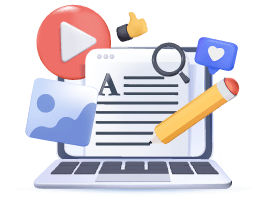 laptop with content icons like blog posts custom images and videos with social interaction I cons around it