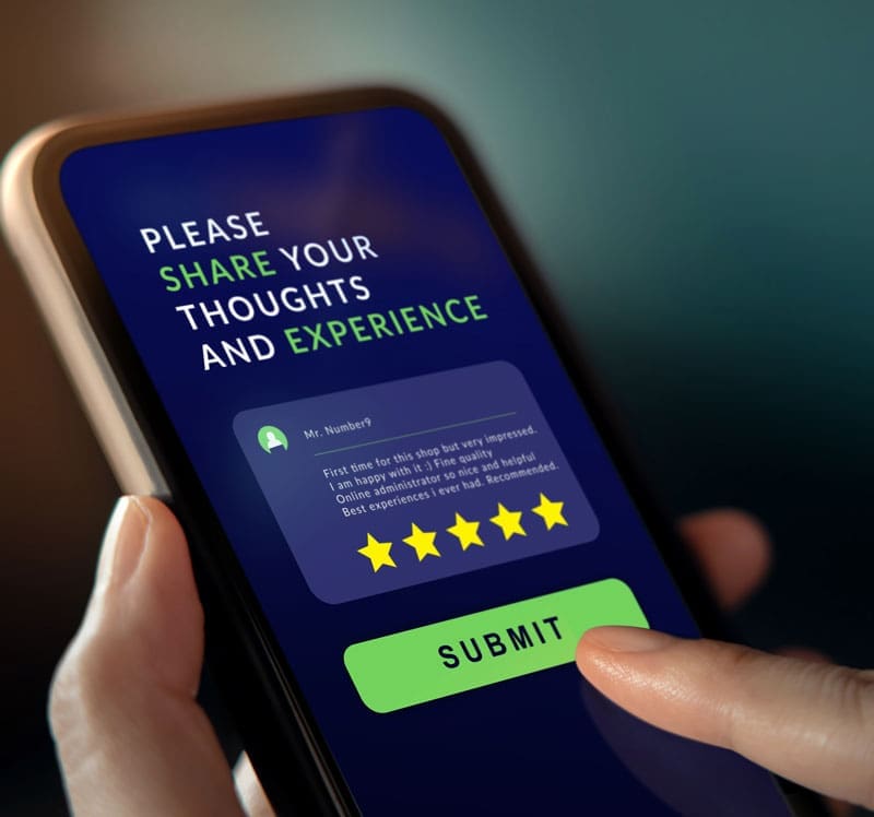 Customer-leaving-a-review Customer leaving a 5 star review his phone