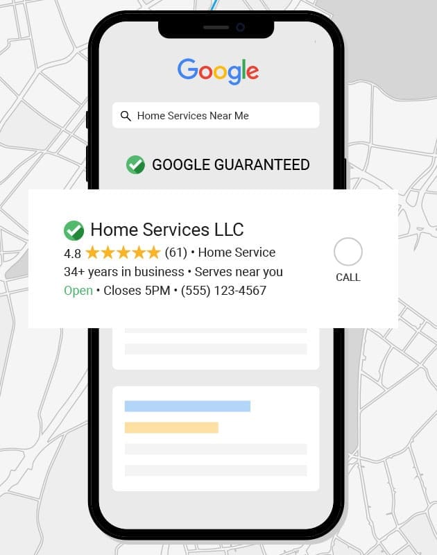 Google-LSA-graphic Google mobile search mock up showing Local Search ad with a google guaranteed icon