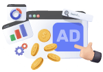 cartoon of a hand clicking on a paid ad with coins falling with graphs