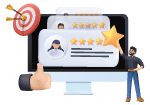 Cartoon icon of reviews on a screen with a thumbs up