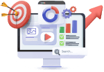 computer cartoon showing SEO analytics on the screen