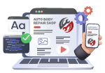 Cartoon of a website with a hand holding a phone with a responsive view of the same website