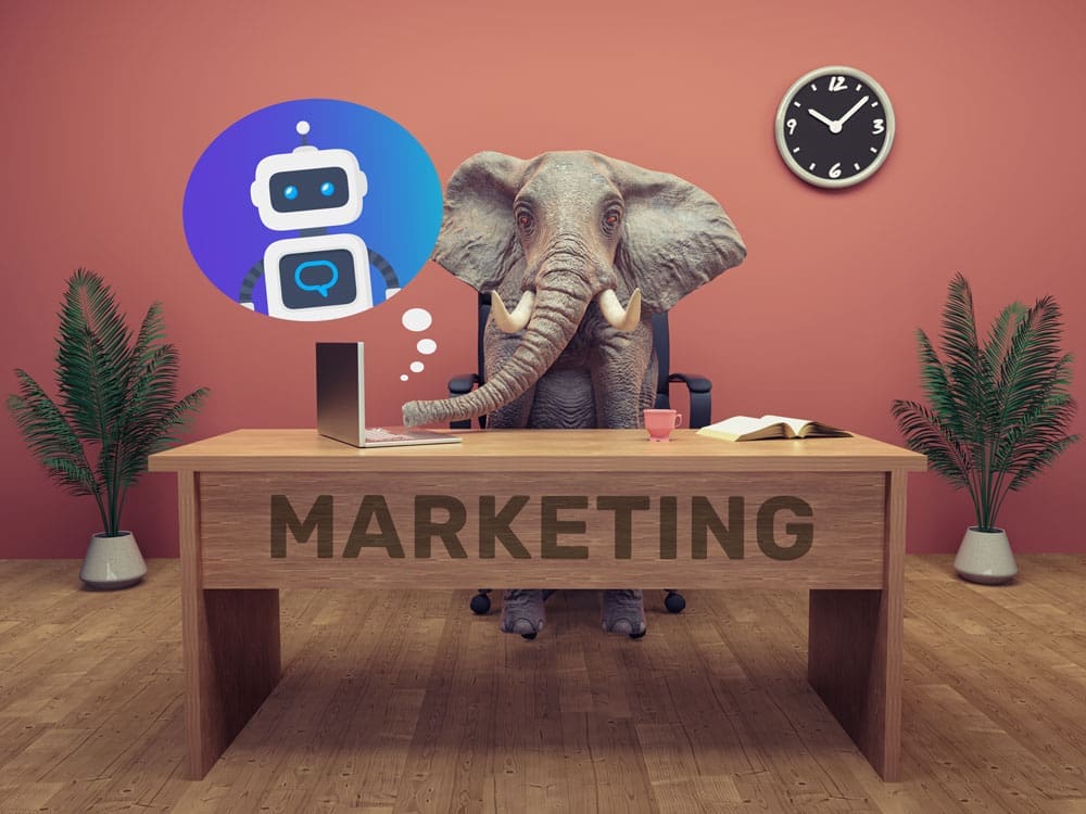 AI_Elephant-in-the-room An AI image of an elephant sitting at a desk with a AI robot in a thought bubble.