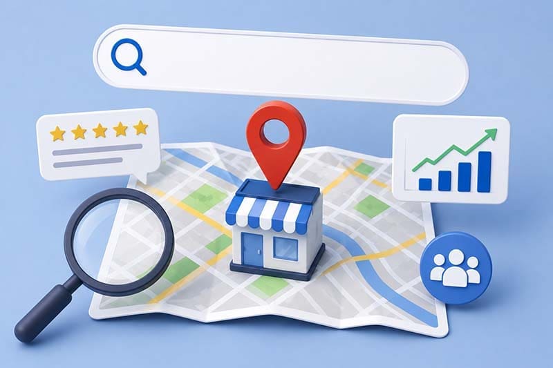 Map with elements of a Google Business profile surrounding it underneath a search bar