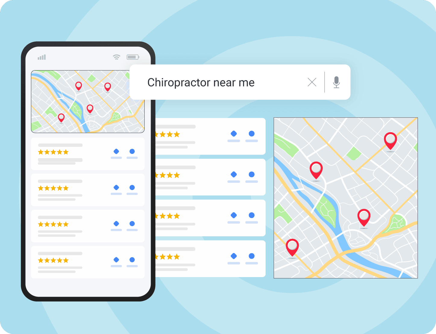 Near-Me-google-search-Results-chiro Mock-up of a local SEO search results for Chiropractor near me on desktop and phone